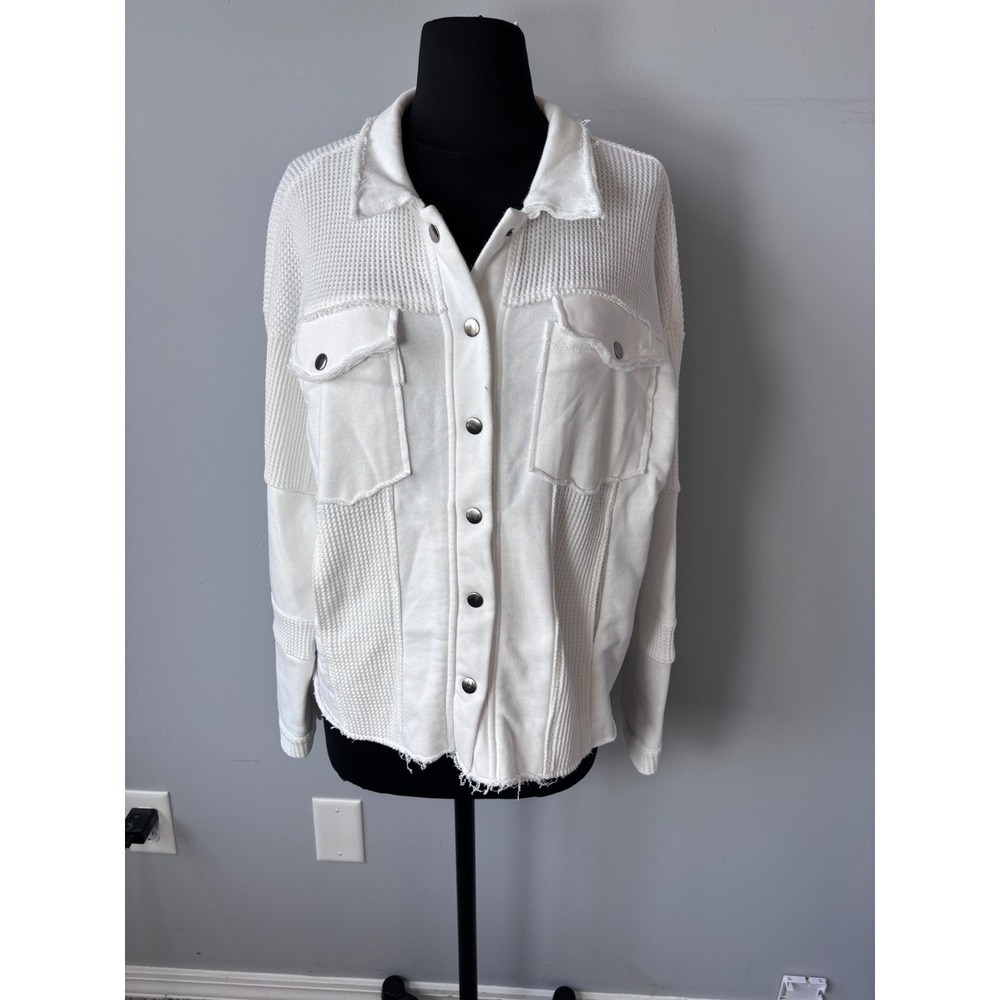 Pol White Waffle Knit Patchwork Button Up Shirt J… - image 2